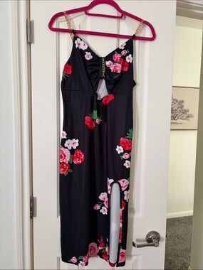Black Floral Midi Dress with Gold Chain Straps